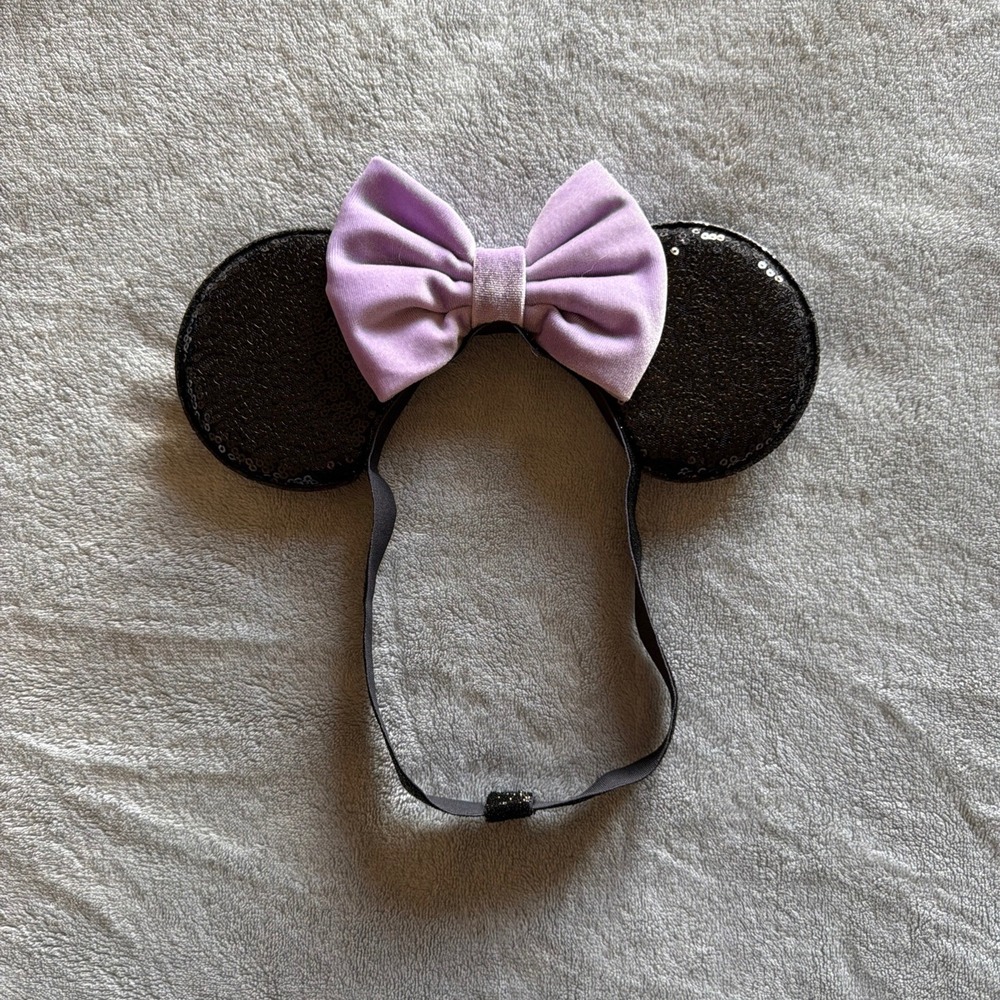 Black Sequin Mickey Mouse Ears Headband Lavender Purple Velvet Bow Disney - G272